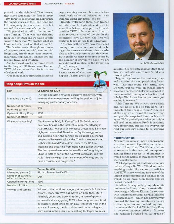 Tanner De Witt listed in ALB's Fastest Growing Firms and Asia's Top 50